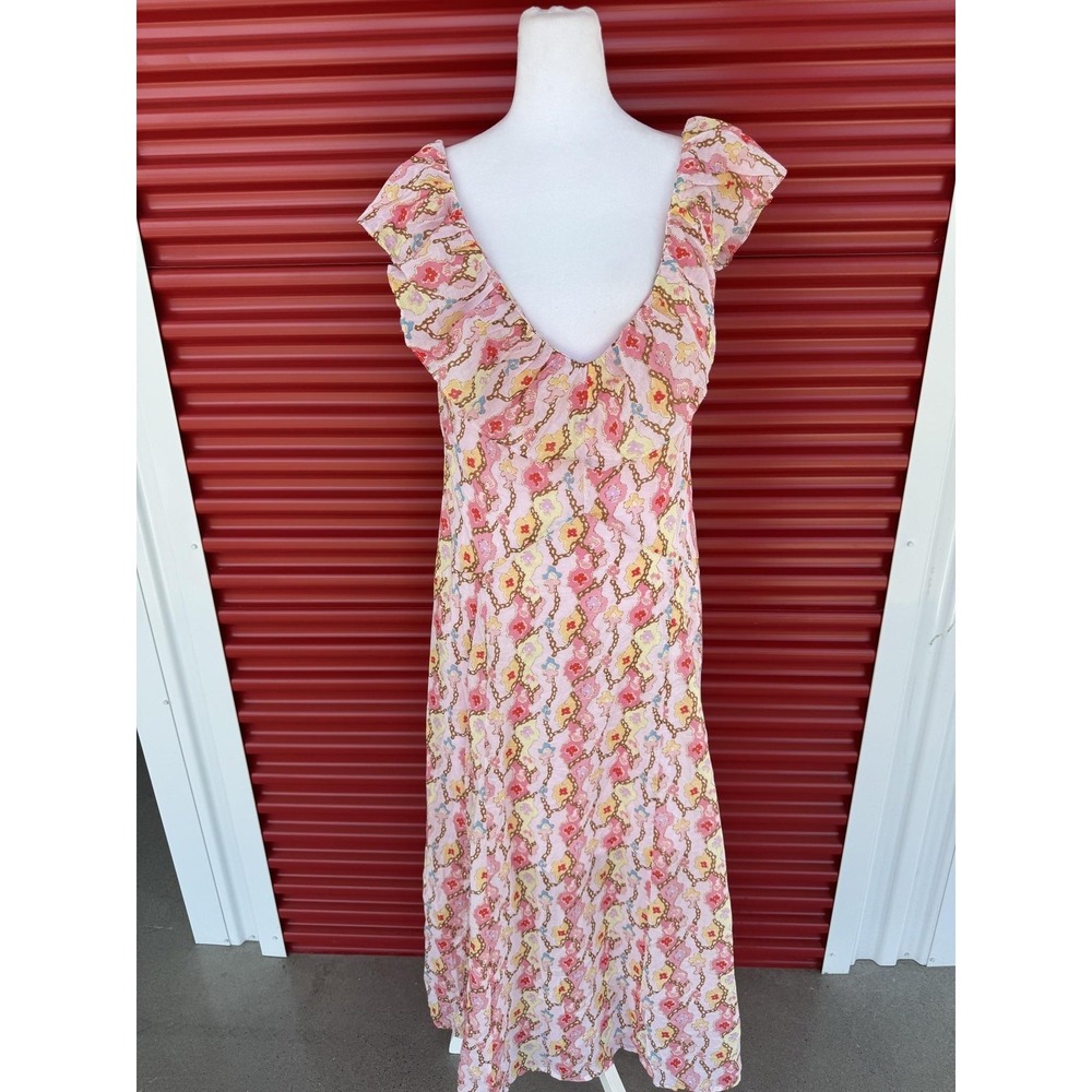 Hill House Milani Dress Womens Large Pink Floral Ruffle Maxi Sundress V Neck